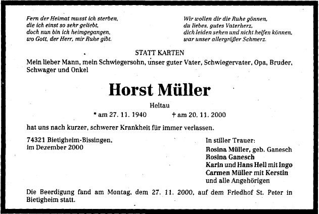 Mueller Horst 1940-2000 Todesanzeige